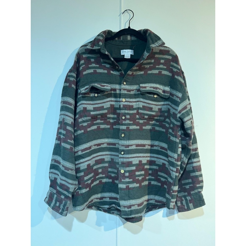 Vintage Great Lakes Recreation Shirt Mens Large Green Geometric Flannel 90s